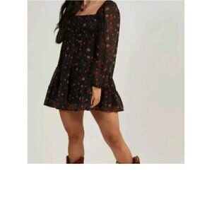 Altar’d State Smocked Black Rose print Above Knee Mini Dress Size Medium